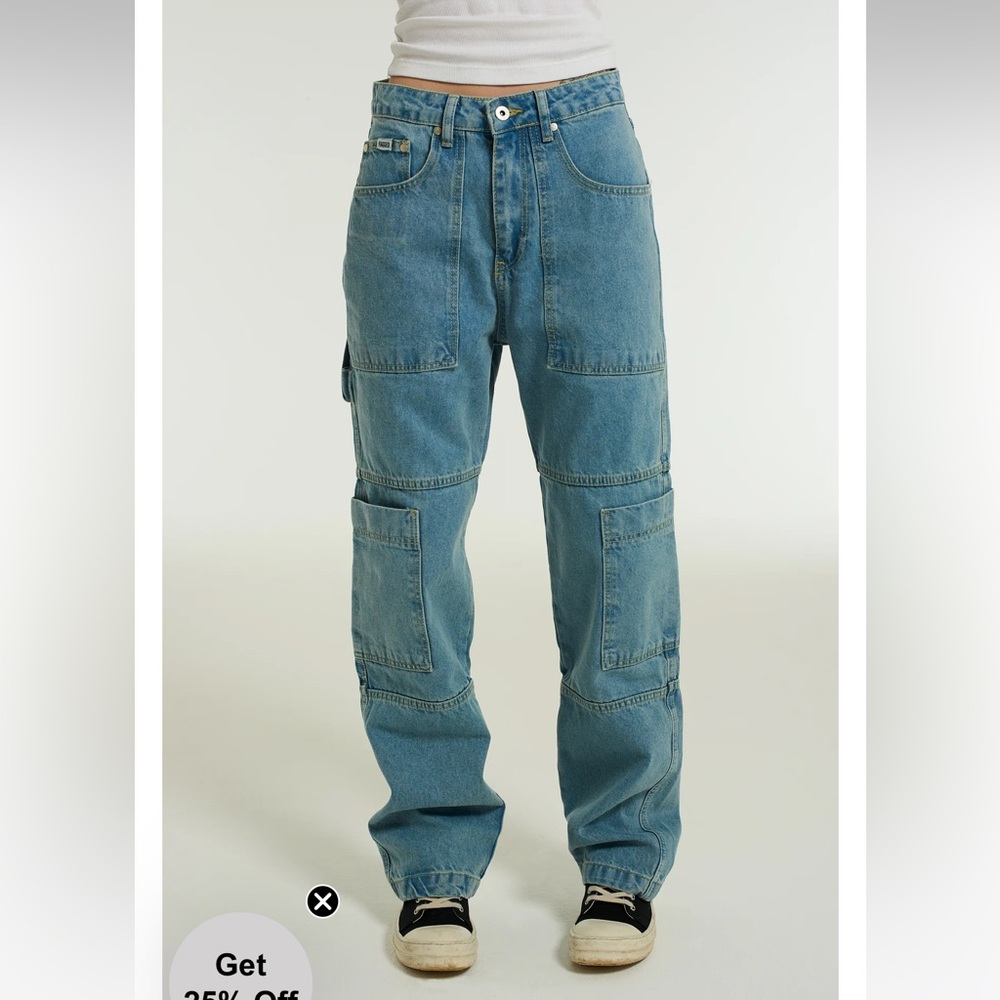 Free People The Ragged Priest Utility Cool Slouchy Combat Jeans in mid blue